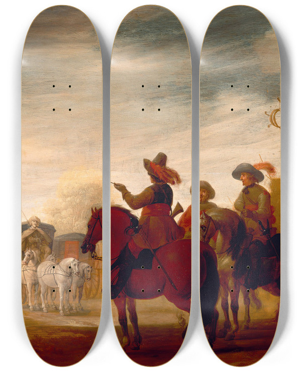 Triptych art skateboard deck of Jan Jacobsz Van Der Stoffe Military Camp by Jan Jacobsz. van der Stoffe (1611-1682)