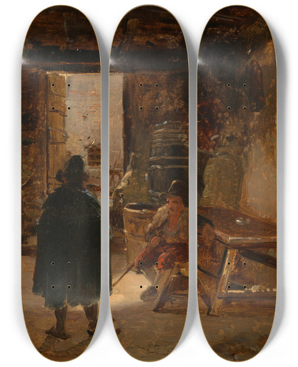 Triptych art skateboard deck of Johann Baptist Kirner Im Weinkeller by Johann Baptist Kirner (1806-1866)