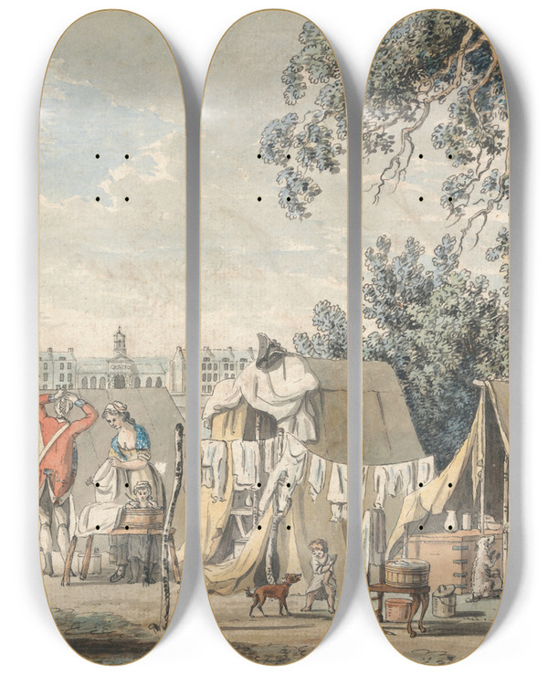 Triptych art skateboard deck of James Malton A Military Encampment In Hyde Park by James Malton (1761-1803)