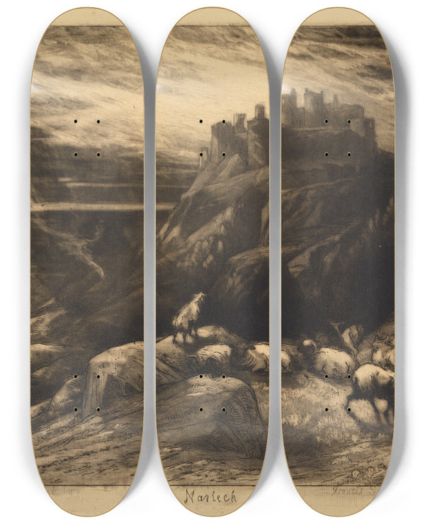 Triptych art skateboard deck of Francis Seymour Haden Harlech No 2 by Francis Seymour Haden (1818-1910)