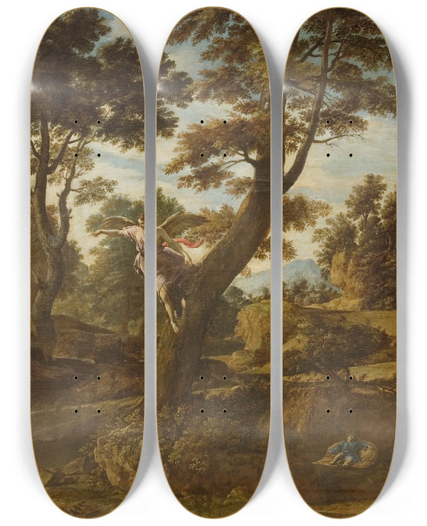 Triptych art skateboard deck of Francesco Cozza Landscape With The Angel Appearing To Hagar And Leading Her To The Well by Francesco Cozza (1605-1682)