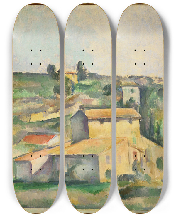 Triptych art skateboard deck of Paul Czanne Fields At Bellevue by Paul Cezanne (1839-1906)