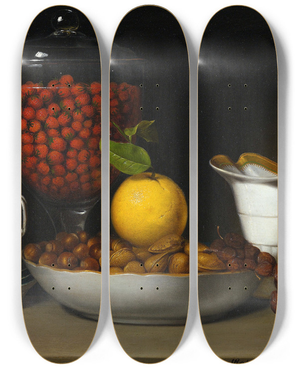 Triptych art skateboard deck of Raphaelle Peale Still Life Strawberries Nuts by Raphaelle Peale (1774-1825)