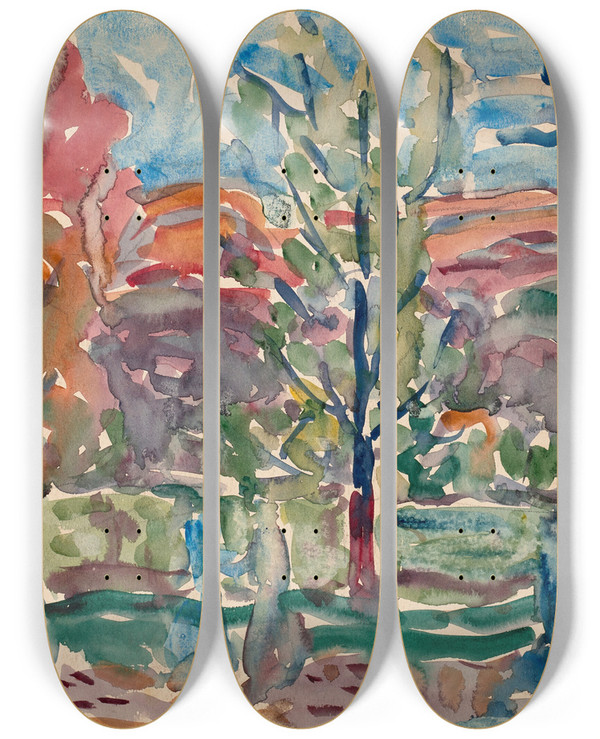 Triptych art skateboard deck of Maurice Prendergast Trees Against Mountain by Maurice Prendergast (1858-1924)