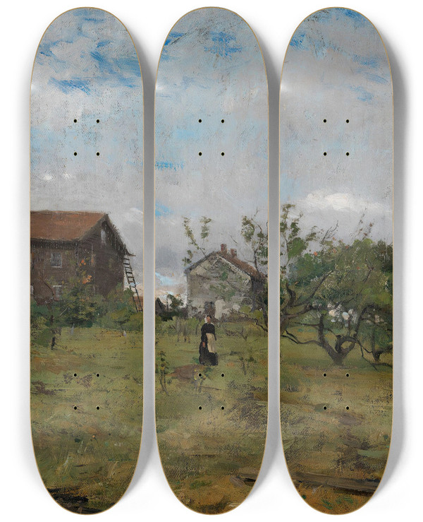 Triptych art skateboard deck of Gerhard Munthe Farm At Hedmark by Gerhard Munthe (1849-1929)