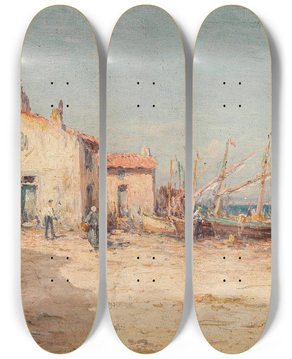 Triptych art skateboard deck of Charles Malfroy Martigues Port by Charles Malfroy (1862-1918)