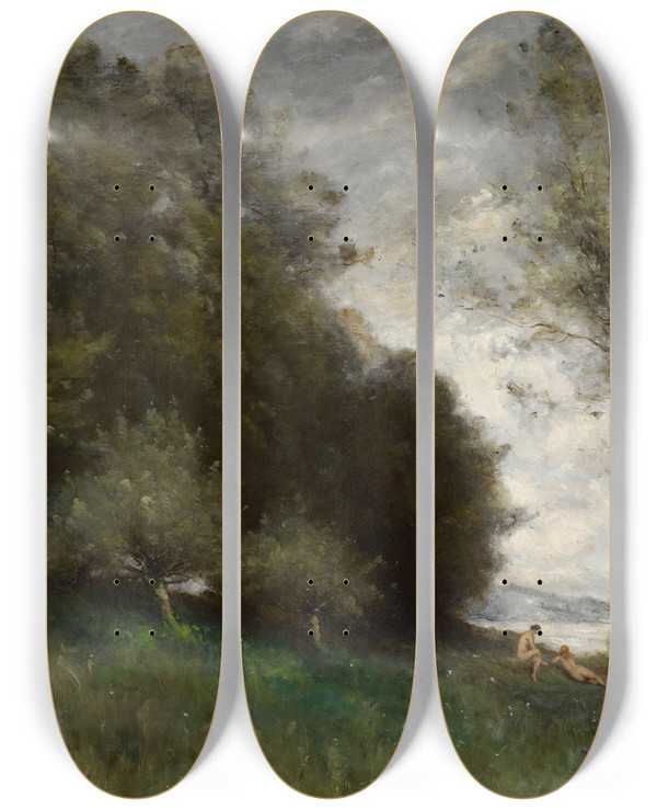 Triptych art skateboard deck of Paul Dsir Trouillebert Baigneuses Dans Unpaysage by Paul Desire Trouillebert (1829-1900)