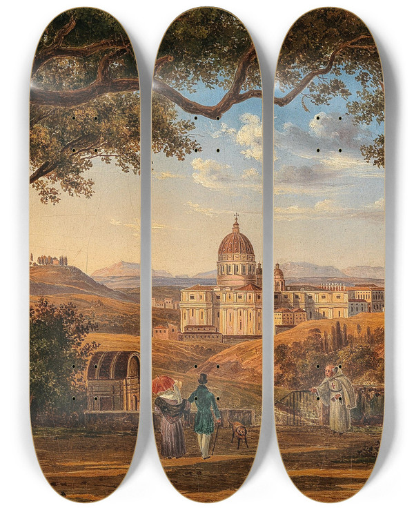 Triptych art skateboard deck of Johann Christoph Gubig Rome View Of St Peters Basilica by Johann Christoph Gubig (1840-1850)