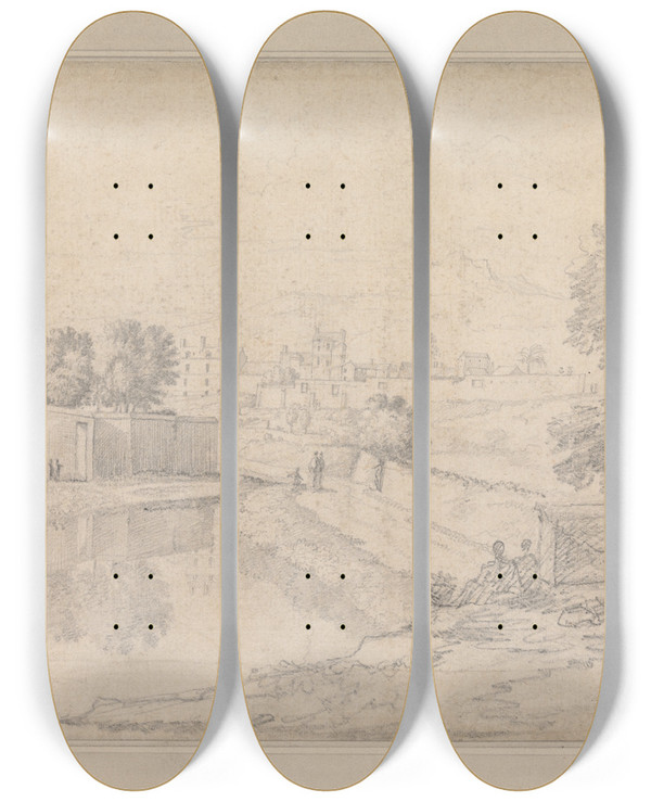 Triptych art skateboard deck of Richard Wilson Italian Landscape With River Running Between High Wall At Left And High Bank At Right Towards A Small Town With Figures On The Banks by Richard Wilson (1714-1782)