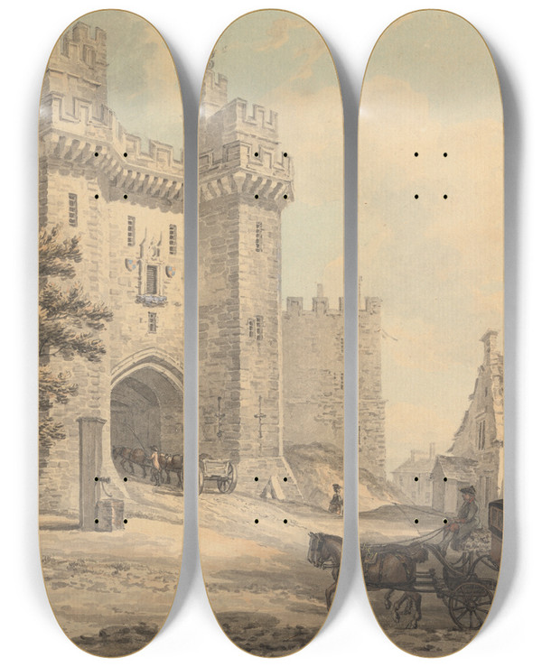 Triptych art skateboard deck of Thomas Hearne The Gateway Of Lancaster Castle by Thomas Hearne (1744-1817)