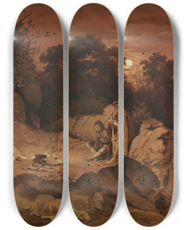 Triptych art skateboard deck of Adrian Ludwig Richter Hirten Am Feuer Abendlandschaft by Adrian Ludwig Richter (1803-1884)