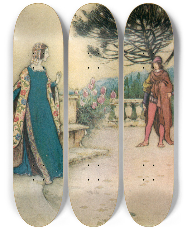 Triptych art skateboard deck of Warwick Goble Fenicia And The Two Brothers by Warwick Goble (1862-1943)