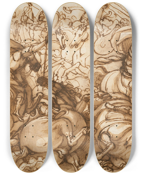 Triptych art skateboard deck of Antonio Tempesta A Battle Scene by Antonio Tempesta (1555-1630)