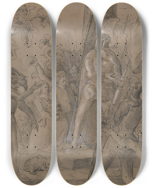 Triptych art skateboard deck of Victor Mller Ein Wunderlicher Alter Mann Weist Auf Ein Vor Ihm Liegendes Hndchen Und Richtet Das Wort An Einen Herrscher Dieser Und Umstehende Greifen Zu Ihren Waffen by Victor Muller (1829-1871)