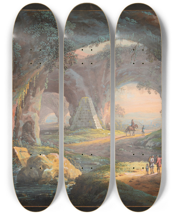 Triptych art skateboard deck of Margaretha Barbara Dietzsch Et Fantasilandskab Med Antikke Ruiner Og Figurer by Margaretha Barbara Dietzsch (1716-1795)