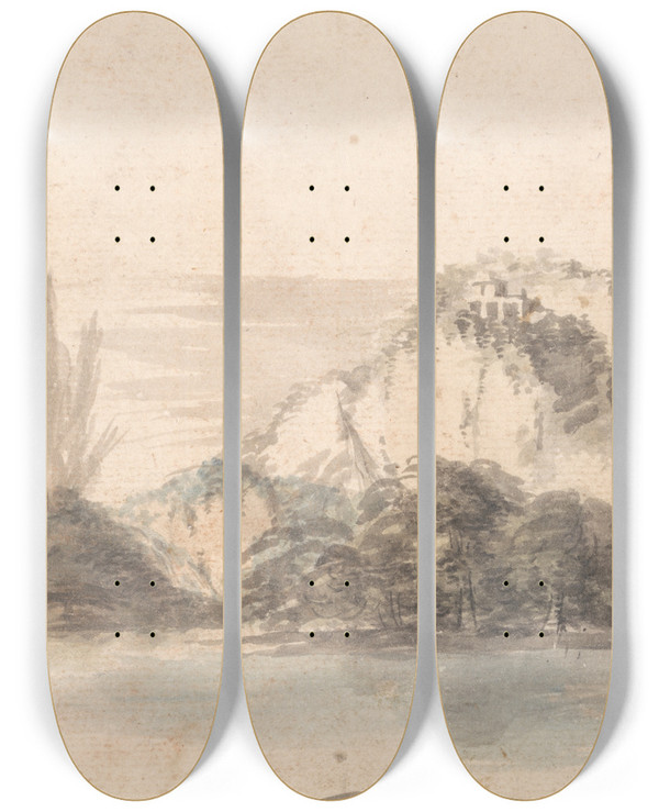 Triptych art skateboard deck of Alexander Runciman A Temple Perched On A Rocky Outcrop Seen Across A Lake by Alexander Runciman (1736-1785)