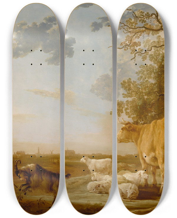 Triptych art skateboard deck of Aelbert Cuyp Landscape With Cattle by Aelbert Cuyp (1620-1691)