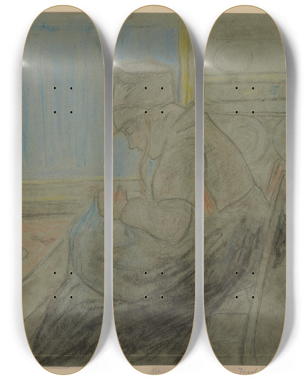 Triptych art skateboard deck of Hermann Lismann Frau Im Profil Nach Links Bei Der Handarbeit In Der Kche Sitzend by Hermann Lismann (1878-1943)