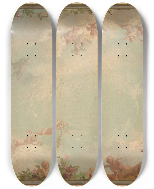 Triptych art skateboard deck of Julesedmondcharles Lachaise Design For A Ceiling Painted With Putti In Clouds With Roses by Jules-Edmond-Charles Lachaise (1897)
