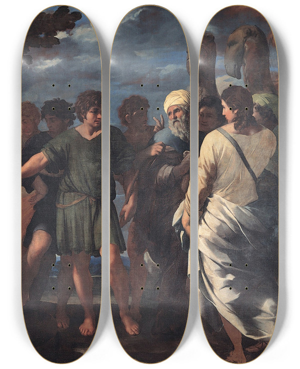 Triptych art skateboard deck of Giovanni Maria Bottala Joseph Sold By His Brothers by Giovanni Maria Bottala (1613-1644)