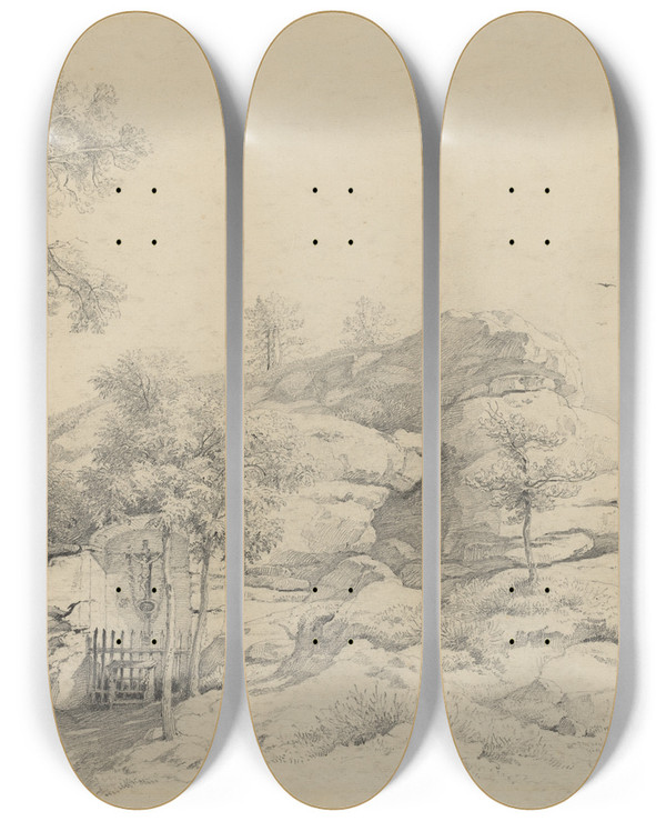 Triptych art skateboard deck of Friedrich Philipp Reinhold A Wayside Shrine Carved Into A Rocky Tor by Friedrich Philipp Reinhold (1779-1840)