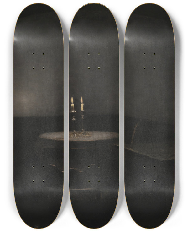 Triptych art skateboard deck of Vilhelm Hammershi Interior Artificial Light by Vilhelm Hammershoi (1864-1916)
