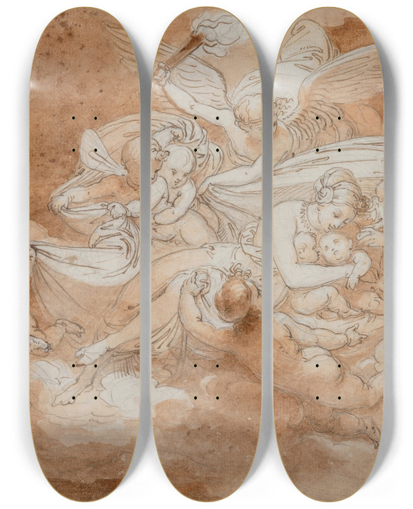 Triptych art skateboard deck of Tommaso Minardi Latona With Apollo And Diana Being Transported On The Orders Of Jupiter To The Island by Tommaso Minardi (1787-1871)