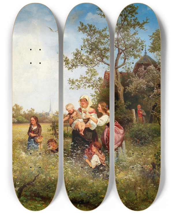 Triptych art skateboard deck of Eduard Leonhardi A Springtime Landscape by Eduard Leonhardi (1828-1905)
