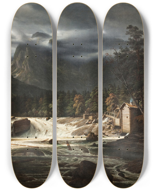 Triptych art skateboard deck of Thomas Fearnley Norwegian Landscape Marumfoss by Thomas Fearnley (1802-1842)