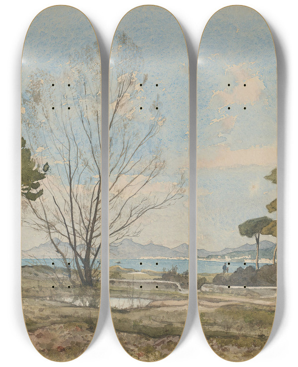 Triptych art skateboard deck of Henrijoseph Harpignies Vue Du Golfe De Juanlespins Prs Dantibes by Henri Joseph Harpignies (1819-1916)