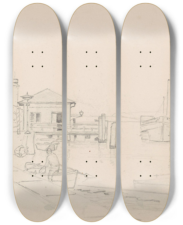 Triptych art skateboard deck of Hans Gude Dampskip Ved Brygge Berlingen by Hans Gude (1825-1903)