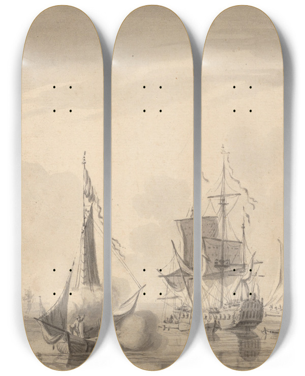 Triptych art skateboard deck of John Greenwood Harbor Scene by John Greenwood (1727-1792)