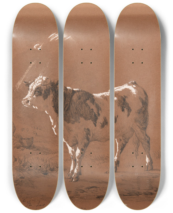 Triptych art skateboard deck of Jacquesraymond Brascassat Vache by Jacques Raymond Brascassat (1804-1867)