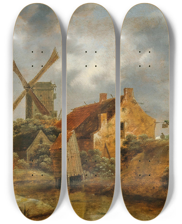 Triptych art skateboard deck of Nicolaes Molenaer A Dune Landscape With Peasants By A Farmhouse And Windmills by Nicolaes Molenaer (1626-1676)