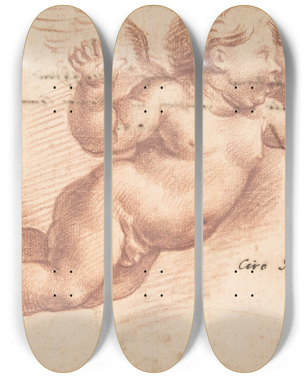 Triptych art skateboard deck of Ciro Ferri Flying Putto by Ciro Ferri (1634-1689)