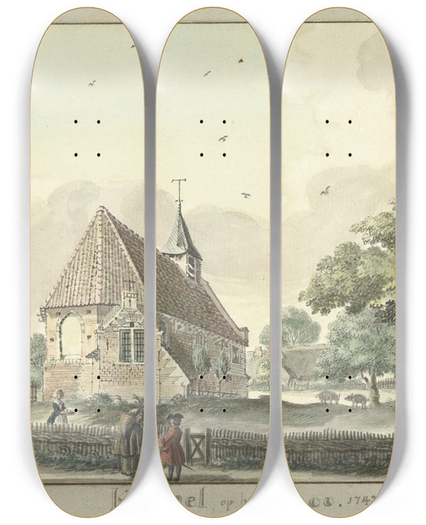 Triptych art skateboard deck of Jan De Beijer Kapel Op T Loo by Jan de Beijer (1703-1780)