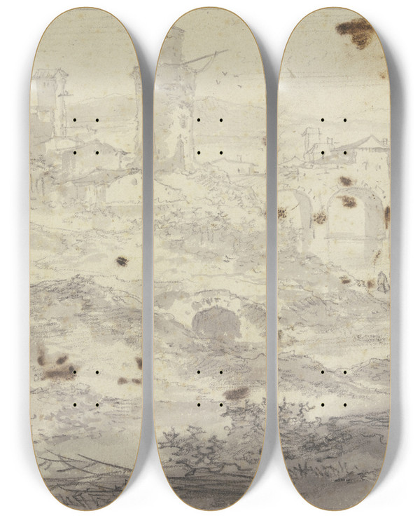 Triptych art skateboard deck of Nicolaes Pietersz Berchem Landschaft Mit Einer Stadt Und Einer Groen Brcke Mit Drei Bgen Vorne Links Drei Figuren by Nicolaes Pietersz Berchem (1620-1683)