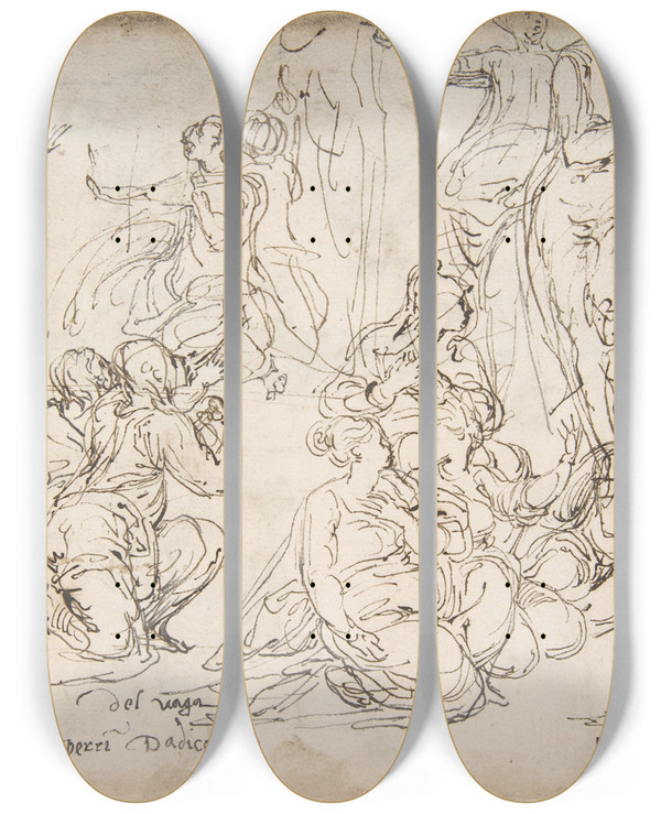 Triptych art skateboard deck of Perino Del Vaga Kneeling Seated And Standing Figures by Perino Del Vaga (1500-1547)