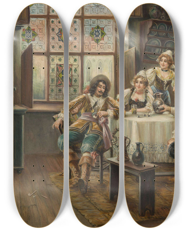 Triptych art skateboard deck of Jan Skramlk Merry Company by Jan Skramlik (1860-1936)