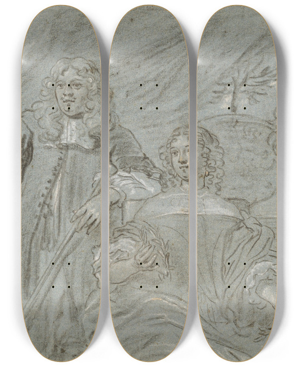 Triptych art skateboard deck of Abraham Lambertsz Van Den Tempel Gruppe Af En Siddende Dame Og En Stende Herre Knfigurer I Baggrunden En Sort Afrikaner Og En Hund Th En Ballustrade by Abraham Lambertsz. van den Tempel (1622-1672)