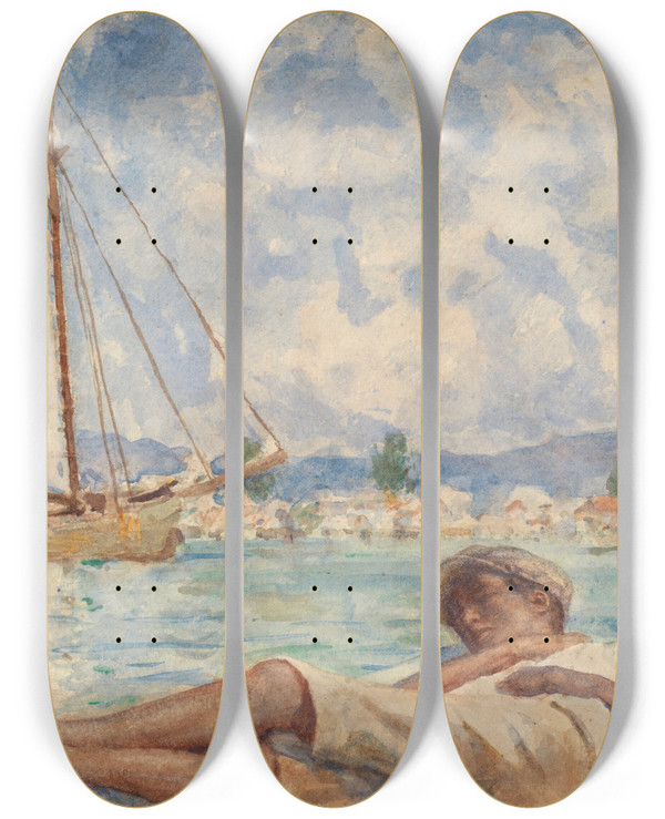 Triptych art skateboard deck of Henry Scott Tuke Sunny Hours In Jamaica by Henry Scott Tuke (1858-1929)