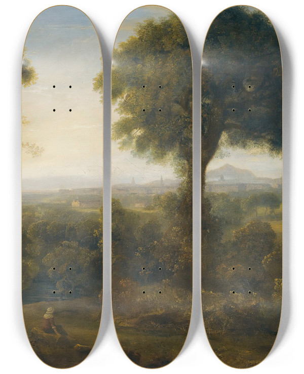 Triptych art skateboard deck of Alexander Nasmyth A View Of Edinburgh From Corstophine Hill by Alexander Nasmyth (1758-1840)