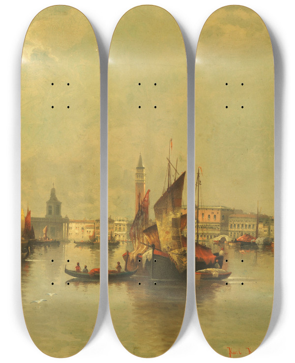 Triptych art skateboard deck of Karl Kaufmann View Of Venice by Karl Kaufmann (1843-1905)