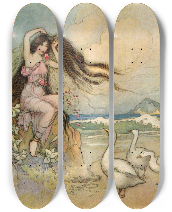 Triptych art skateboard deck of Warwick Goble Marziella On The Seashore by Warwick Goble (1862-1943)