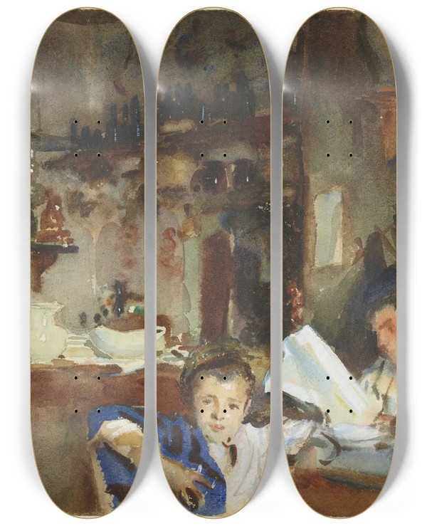 Triptych art skateboard deck of John Singer Sargent A Venetian Trattoria by John Singer Sargent (1856-1925)
