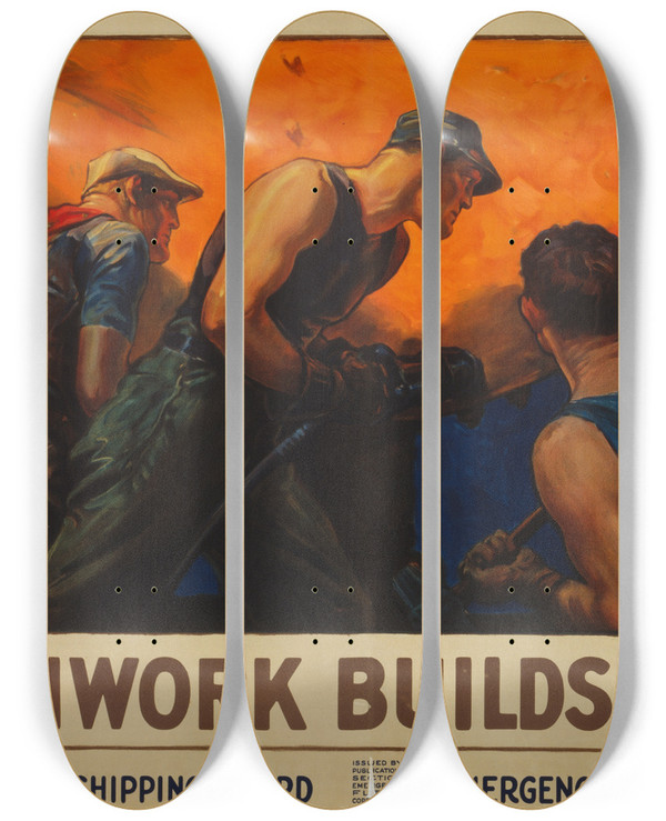Triptych art skateboard deck of William Dodge Stevens Teamwork Builds Ships by William Dodge Stevens (1870-1942)