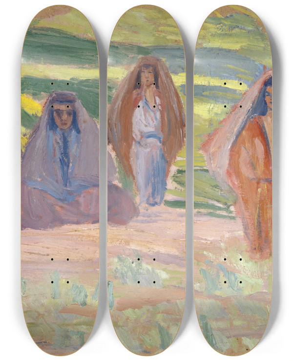 Triptych art skateboard deck of Ernst Schiess Fnf Beduinen by Ernst Schiess (1872-1919)