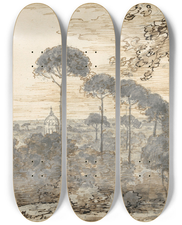 Triptych art skateboard deck of Joseph Wright Of Derby Landscape With Domed Church by Joseph Wright Of Derby (1734-1797)