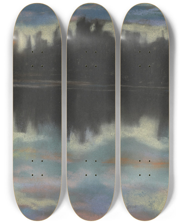 Triptych art skateboard deck of Zolo Palugyay Dark Riverbank by Zolo Palugyay (1898-1935)