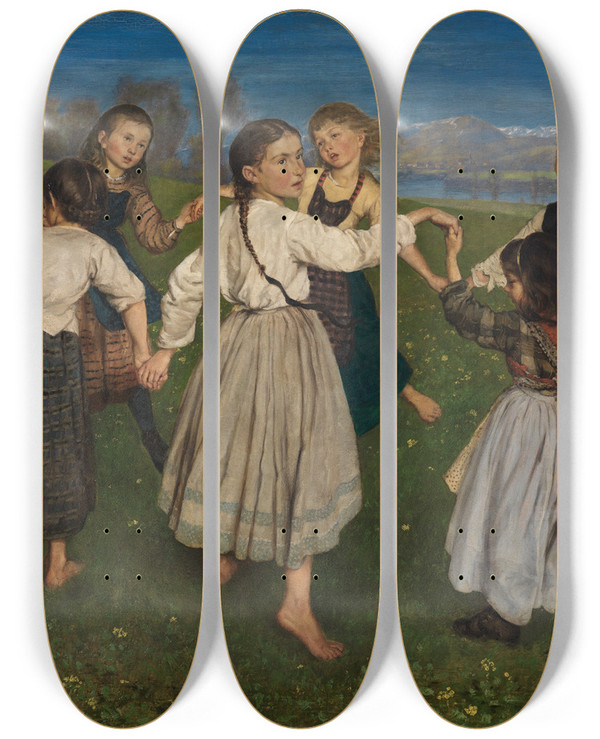 Triptych art skateboard deck of Hans Thoma Kinderreigen by Hans Thoma (1839-1924)